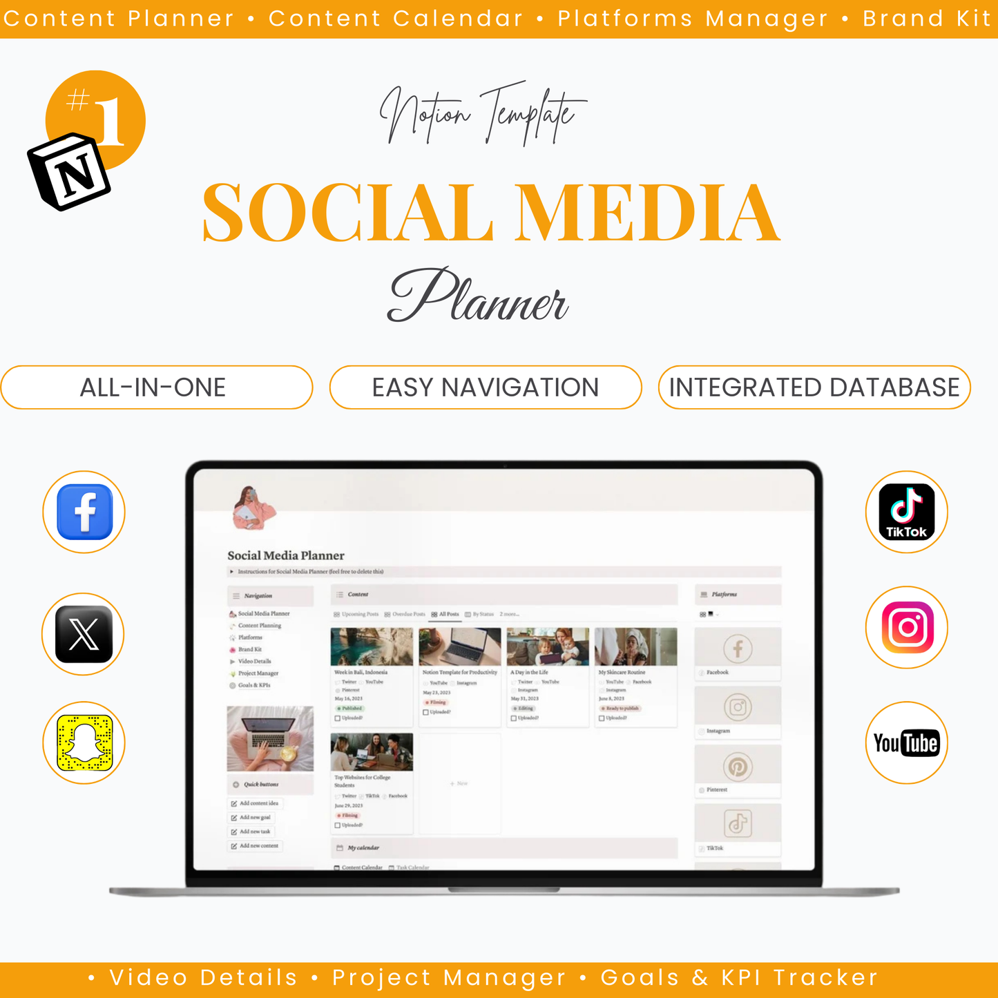 Social Media Planner Notion Template, Content Calendar, Content Planner, Business Dashboard