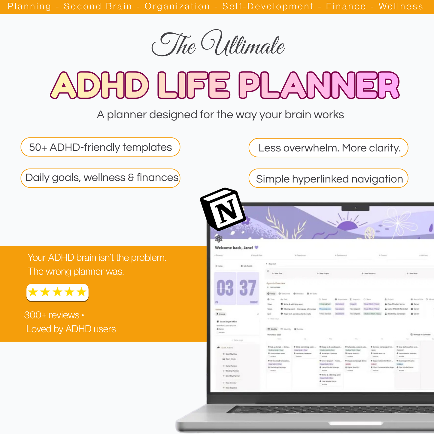 ADHD Life Planner Notion Template, Personal Dashboard, All in One Planner for Organization & Routines